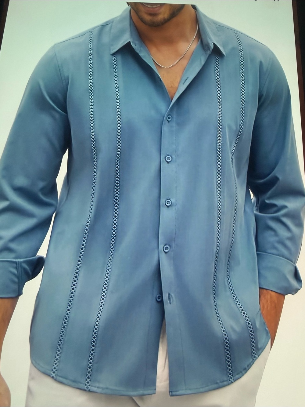 Men's Lightweight Embroidered Button-Up Shirt - Blue